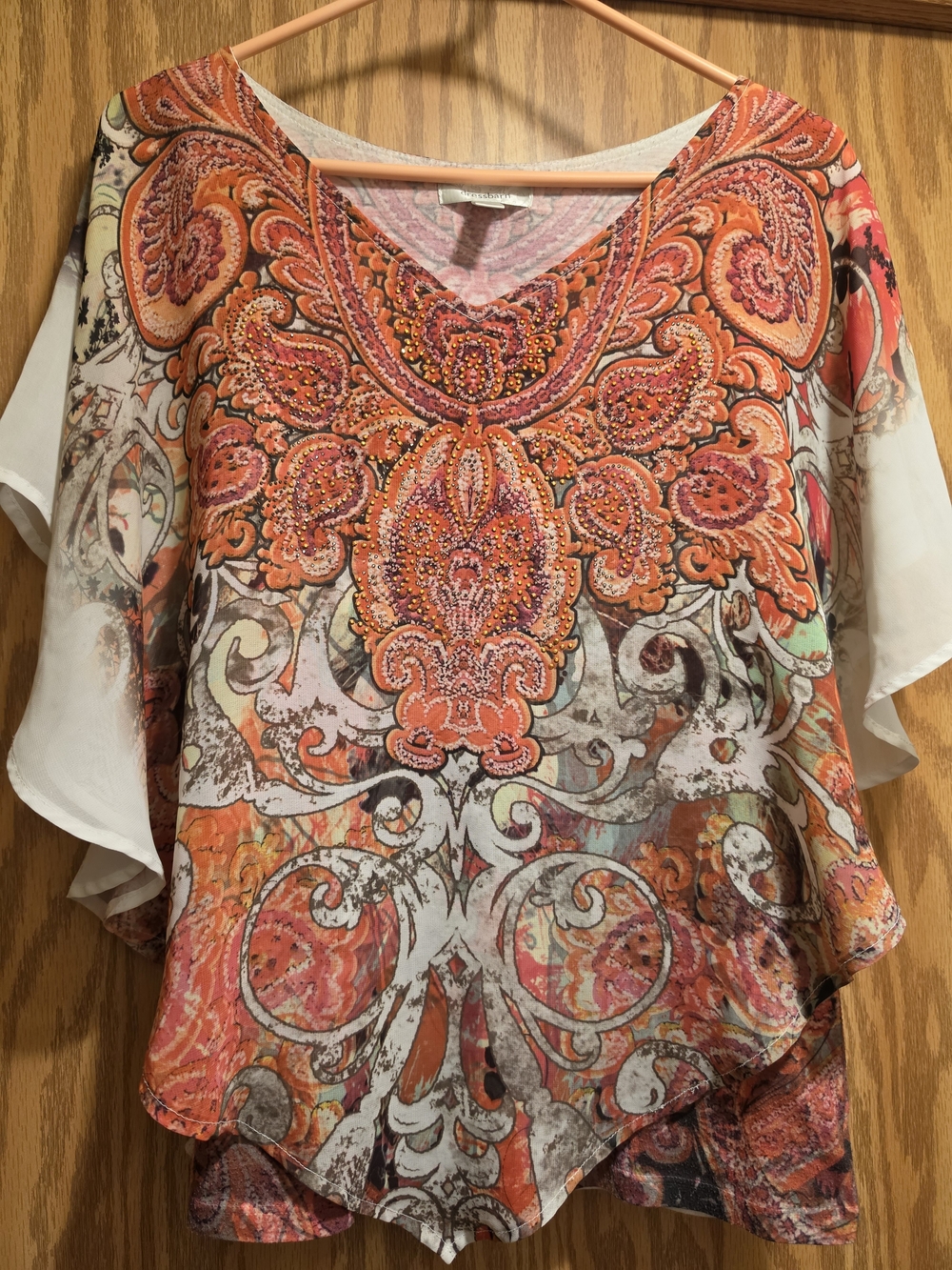 dressbarn Orange Paisley Embellished V-Neck Tunic